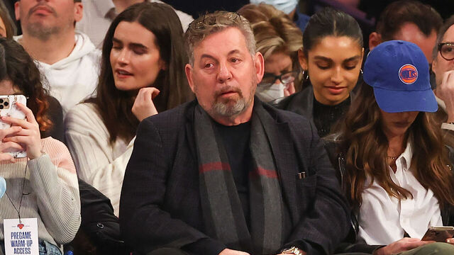 NEW YORK, NY - FEBRUARY 02: New York Knicks owner James L. Dolan sits courtside during the game against the Memphis Grizzlies on February 2, 2022 at Madison Square Garden in New York City.