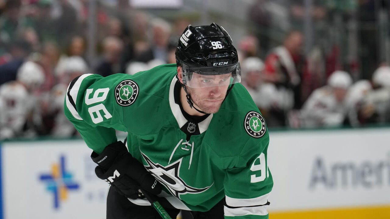 DALLAS, TX - DECEMBER 27: Mikko Rantanen #96 of the Dallas Stars lines up against the Chicago Blackhawks at the American Airlines Center on December 27, 2025 in Dallas, Texas.