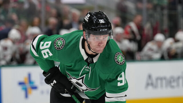 DALLAS, TX - DECEMBER 27: Mikko Rantanen #96 of the Dallas Stars lines up against the Chicago Blackhawks at the American Airlines Center on December 27, 2025 in Dallas, Texas.