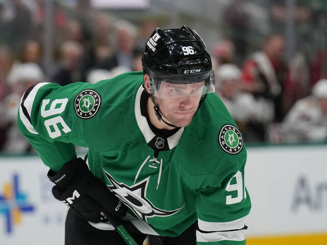 DALLAS, TX - DECEMBER 27: Mikko Rantanen #96 of the Dallas Stars lines up against the Chicago Blackhawks at the American Airlines Center on December 27, 2025 in Dallas, Texas.