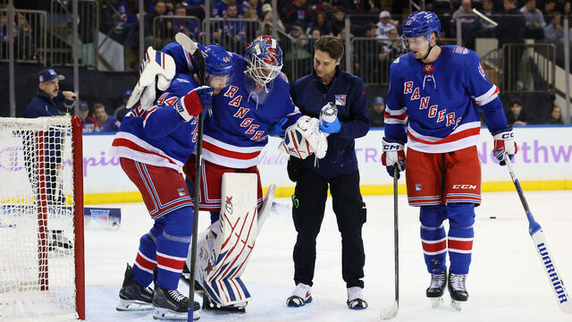 NEW YORK, NEW YORK - JANUARY 05: Igor Shesterkin #31 of the New York Rangers is injured during the first period against the Utah Mammoth at Madison Square Garden on January 05, 2026 in New York City.