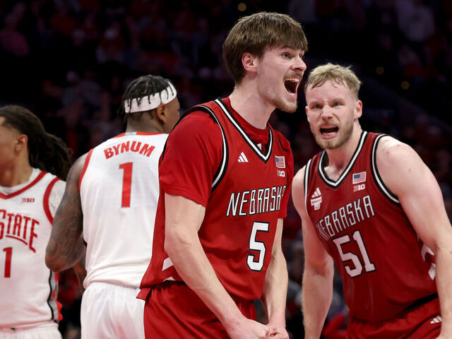 COLUMBUS, OHIO - JANUARY 5: Braden Frager #5 of the Nebraska Cornhuskers reacts after drawing a foul late in the second half of the game against the Ohio State Buckeyes at Value City Arena on January 5, 2026 in Columbus, Ohio. Nebraska defeated Ohio Sate 72-69.