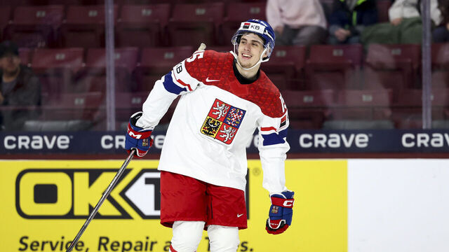 MINNEAPOLIS, MINNESOTA - DECEMBER 27: Vojtech Cihar #15 of Czechia reacts after scoring a goal in the first period against Denmark during the Preliminary Round of a Group B, Game 8 match between Denmark and Czechia at the 2026 IIHF World Junior Championship at Mariucci on December 27, 2025 in Minneapolis, Minnesota.
