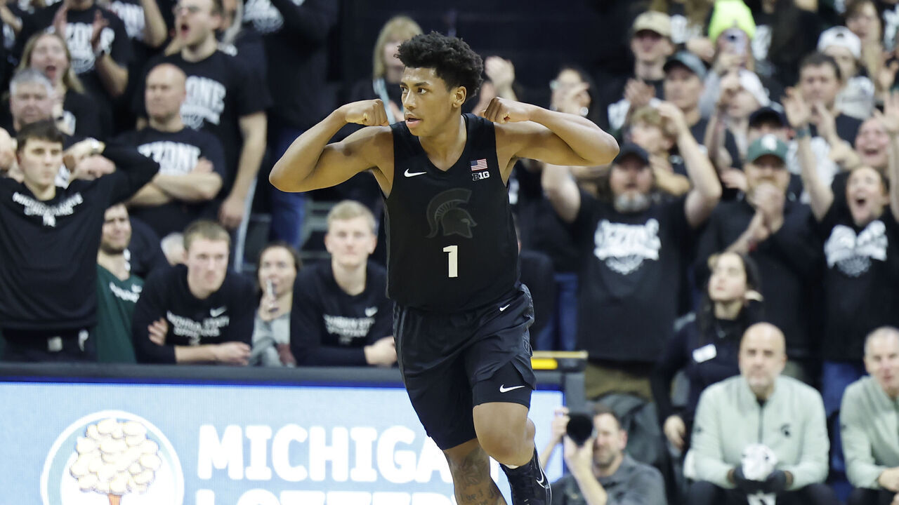 EAST LANSING, MICHIGAN - JANUARY 5: Jeremy Fears Jr. #1 of the Michigan State Spartans celebrates during the second half of the game against the USC Trojans at Breslin Center on January 5, 2026 in East Lansing, Michigan.