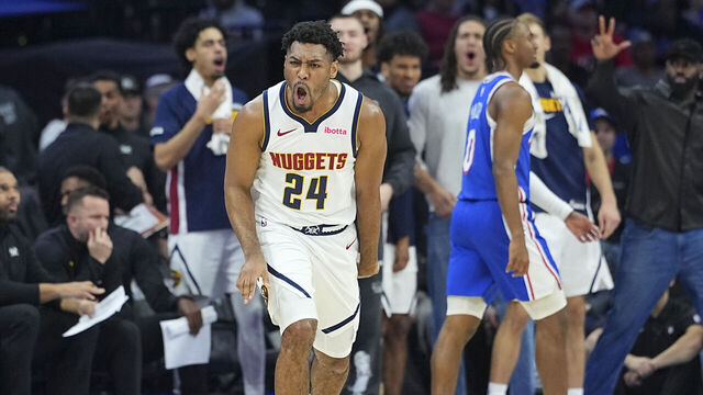 PHILADELPHIA, PENNSYLVANIA - JANUARY 5: Jalen Pickett #24 of the Denver Nuggets reacts against the Philadelphia 76ers in overtime at Xfinity Mobile Arena on January 5, 2026 in Philadelphia, Pennsylvania. The Nuggets defeated the 76ers 125-124 in overtime.