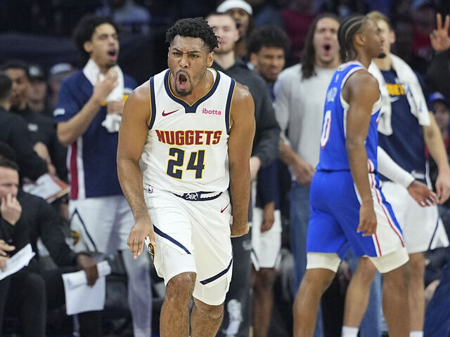 PHILADELPHIA, PENNSYLVANIA - JANUARY 5: Jalen Pickett #24 of the Denver Nuggets reacts against the Philadelphia 76ers in overtime at Xfinity Mobile Arena on January 5, 2026 in Philadelphia, Pennsylvania. The Nuggets defeated the 76ers 125-124 in overtime.