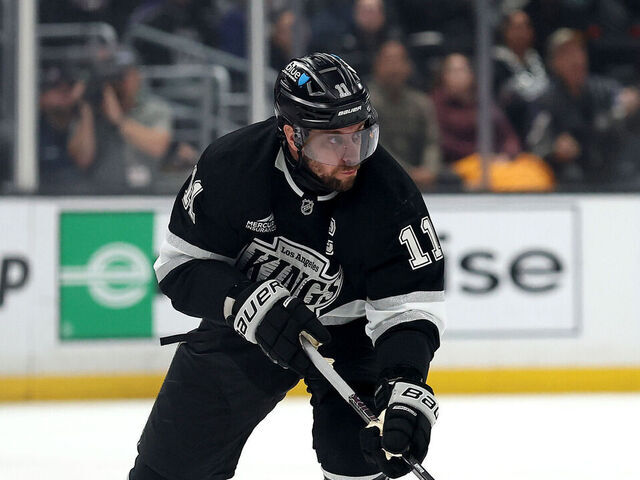 LOS ANGELES, CALIFORNIA - DECEMBER 23: Anze Kopitar #11 of the Los Angeles Kings skates with the puck against the Seattle Kraken at Crypto.com Arena on December 23, 2025 in Los Angeles, California.