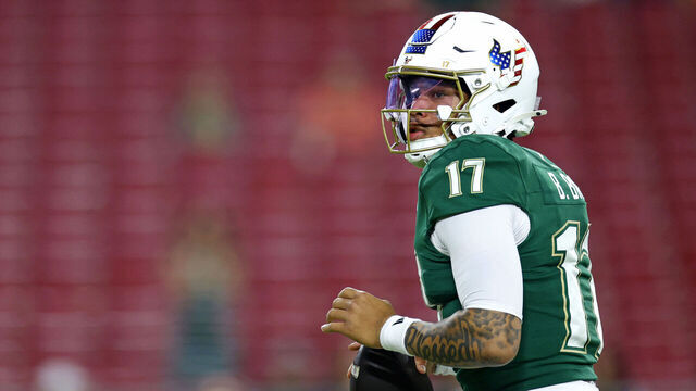 TAMPA, FLORIDA - NOVEMBER 06: Byrum Brown #17 of the the South Florida Bulls warms up during a game against the UTSA Roadrunners at Raymond James Stadium on November 06, 2025 in Tampa, Florida.