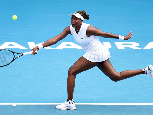 AUCKLAND, NEW ZEALAND - JANUARY 06: Venus Williams of USA plays a shot in her match against Magda Linette of Poland during day two of the 2025 ASB Classic at ASB Tennis Centre on January 06, 2026 in Auckland, New Zealand.