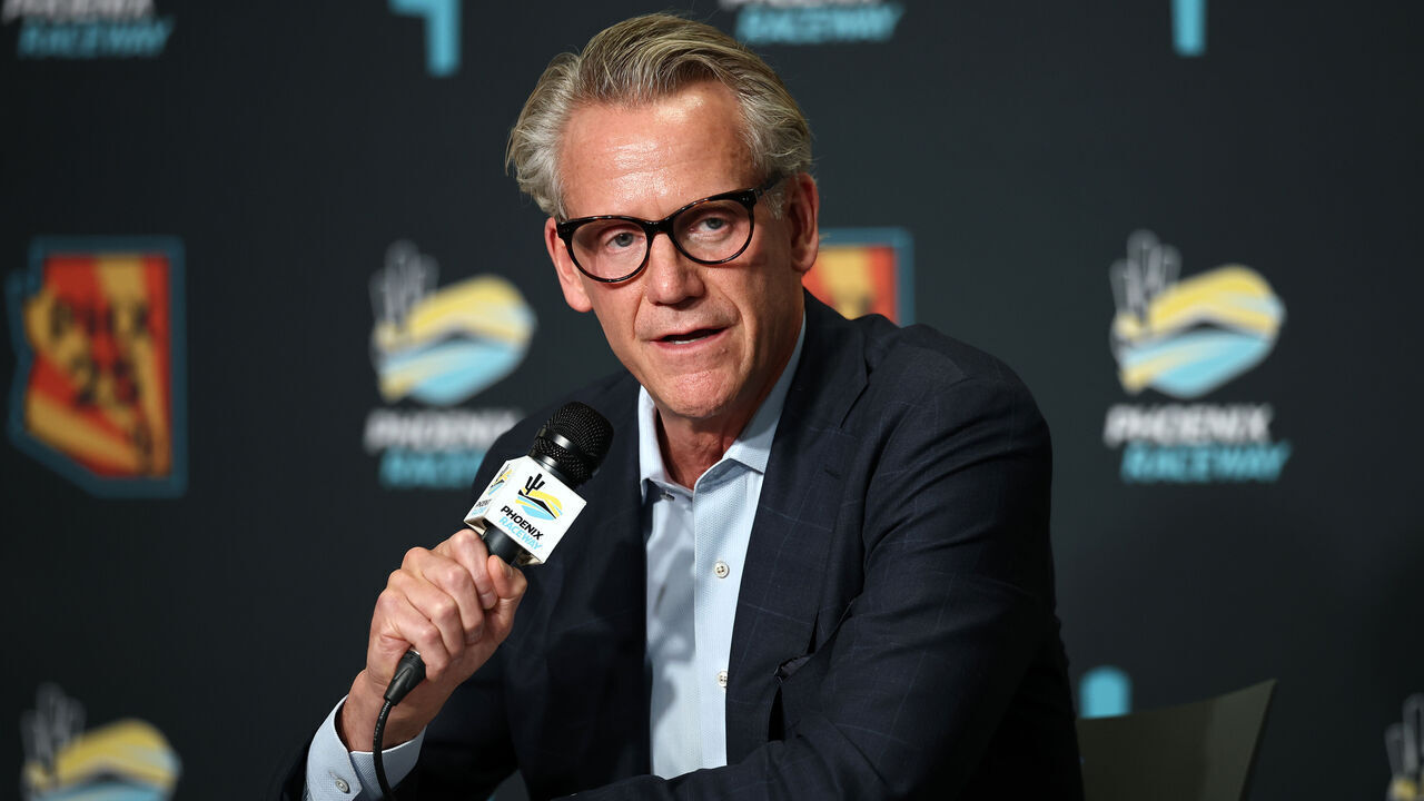 AVONDALE, ARIZONA - OCTOBER 31: NASCAR Commissioner Steve Phelps speaks to the media during the NASCAR annual "State of the Sport" press conference at Phoenix Raceway on October 31, 2025 in Avondale, Arizona.