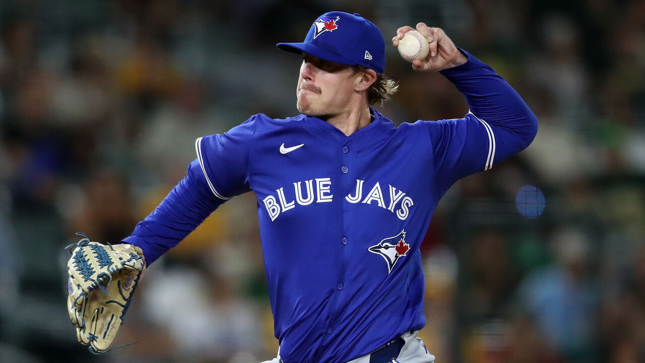 SACRAMENTO, CALIFORNIA - JULY 12: Justin Bruihl #58 of the Toronto Blue Jays pitches against the Athletics during the seventh inning at Sutter Health Park on July 12, 2025 in Sacramento, California.