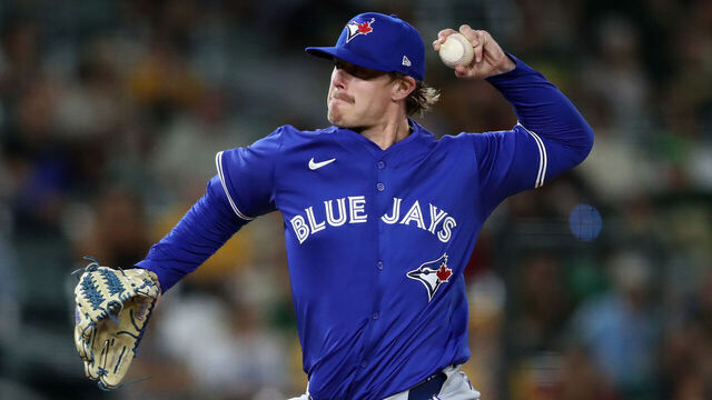 SACRAMENTO, CALIFORNIA - JULY 12: Justin Bruihl #58 of the Toronto Blue Jays pitches against the Athletics during the seventh inning at Sutter Health Park on July 12, 2025 in Sacramento, California.