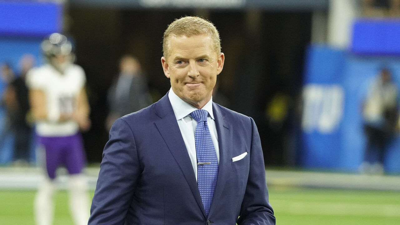 INGLEWOOD, CA - NOVEMBER 26: Jason Garrett of NBC Sunday Night Football before the Los Angeles Chargers game versus the Baltimore Ravens on November 26, 2023, at SoFi Stadium in Inglewood, CA.