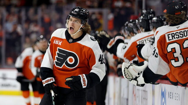 PHILADELPHIA, PENNSYLVANIA - JANUARY 06: Trevor Zegras #46 of the Philadelphia Flyers celebrates after scoring his second goal on a power-play during the first period against the Anaheim Ducks at Xfinity Mobile Arena on January 06, 2026 in Philadelphia, Pennsylvania.