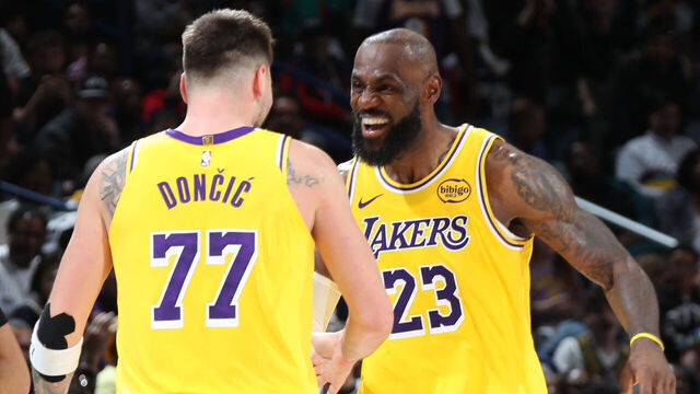 NEW ORLEANS, LA - JANUARY 6: Luka Doncic #77 and LeBron James #23 of the Los Angeles Lakers =against the New Orleans Pelicans on January 6, 2026 at the Smoothie King Center in New Orleans, Louisiana. Mandatory Copyright Notice: Copyright 2026 NBAE