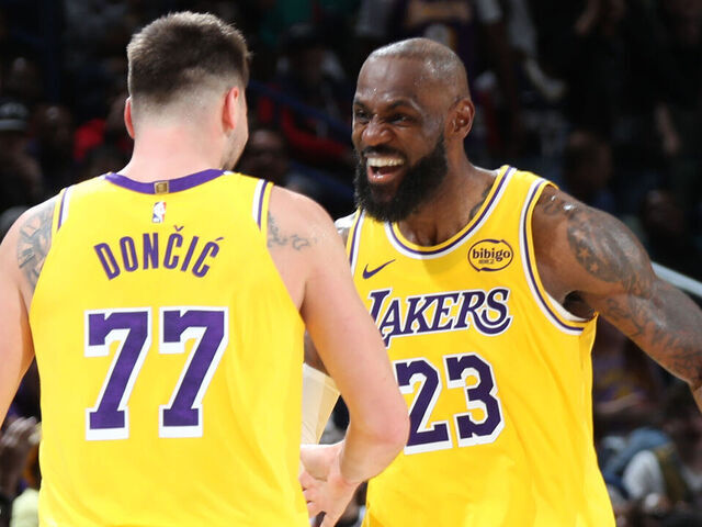 NEW ORLEANS, LA - JANUARY 6: Luka Doncic #77 and LeBron James #23 of the Los Angeles Lakers =against the New Orleans Pelicans on January 6, 2026 at the Smoothie King Center in New Orleans, Louisiana. Mandatory Copyright Notice: Copyright 2026 NBAE