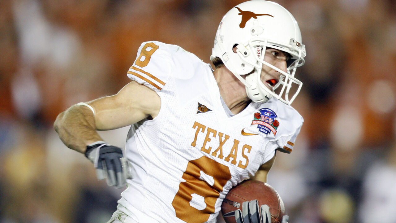 07 JAN 2010: Jordan Shipley (8) of the University of Texas pulls down a touchdown reception against the University of Alabama during the BCS National Championship held at the Rose Bowl in Pasadena, CA. Alabama defeated Texas 37-21 for the national title. Jamie Schwaberow/NCAA Photos via Getty Images