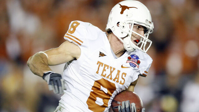 07 JAN 2010: Jordan Shipley (8) of the University of Texas pulls down a touchdown reception against the University of Alabama during the BCS National Championship held at the Rose Bowl in Pasadena, CA. Alabama defeated Texas 37-21 for the national title. Jamie Schwaberow/NCAA Photos via Getty Images