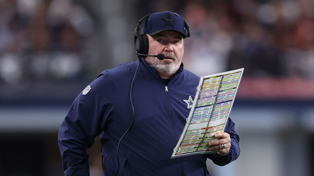 ARLINGTON, TEXAS - JANUARY 05: Dallas Cowboys head coach Mike McCarthy looks on during the fourth quarter against the Washington Commanders at AT&T Stadium on January 05, 2025 in Arlington, Texas.