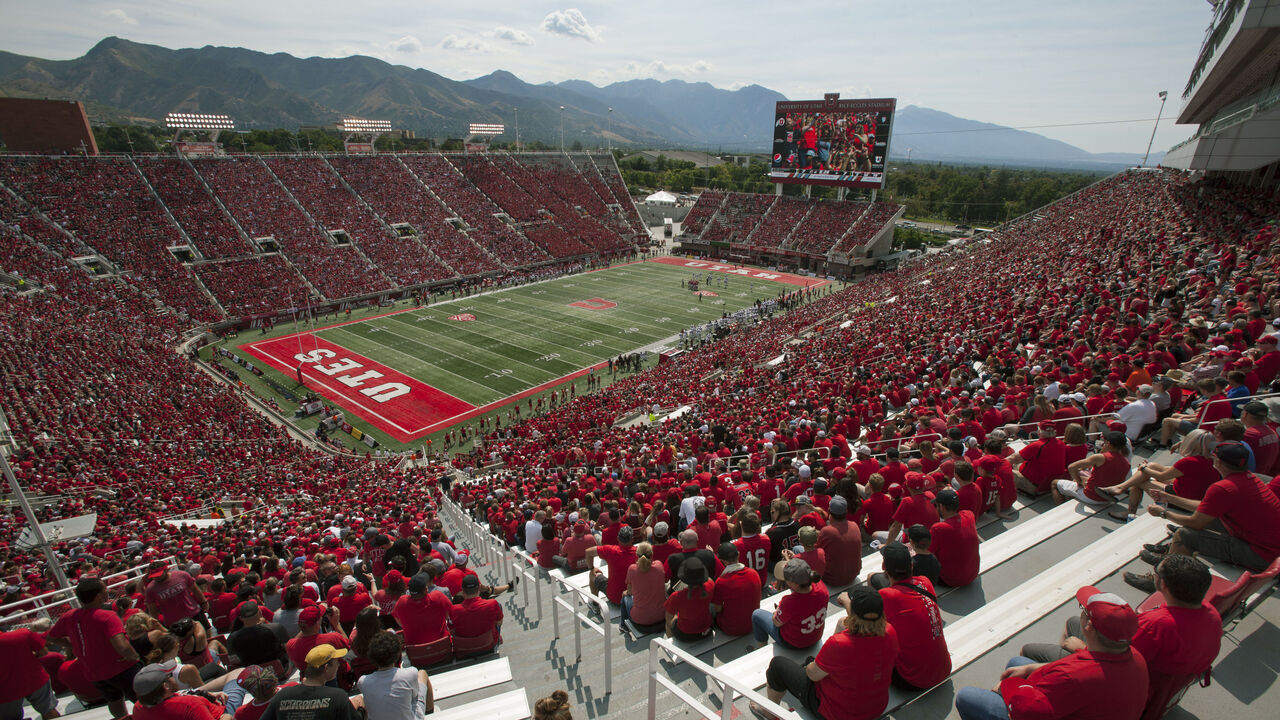 SALT LAKE CITY, UT - SEPTEMBER 7 : The Wasatch Mountains are seen in the background of Rice-Eccles Stadium during the game between the Utah Utes and the Northern Illinois Huskies on September 7, in Salt Lake City Utah