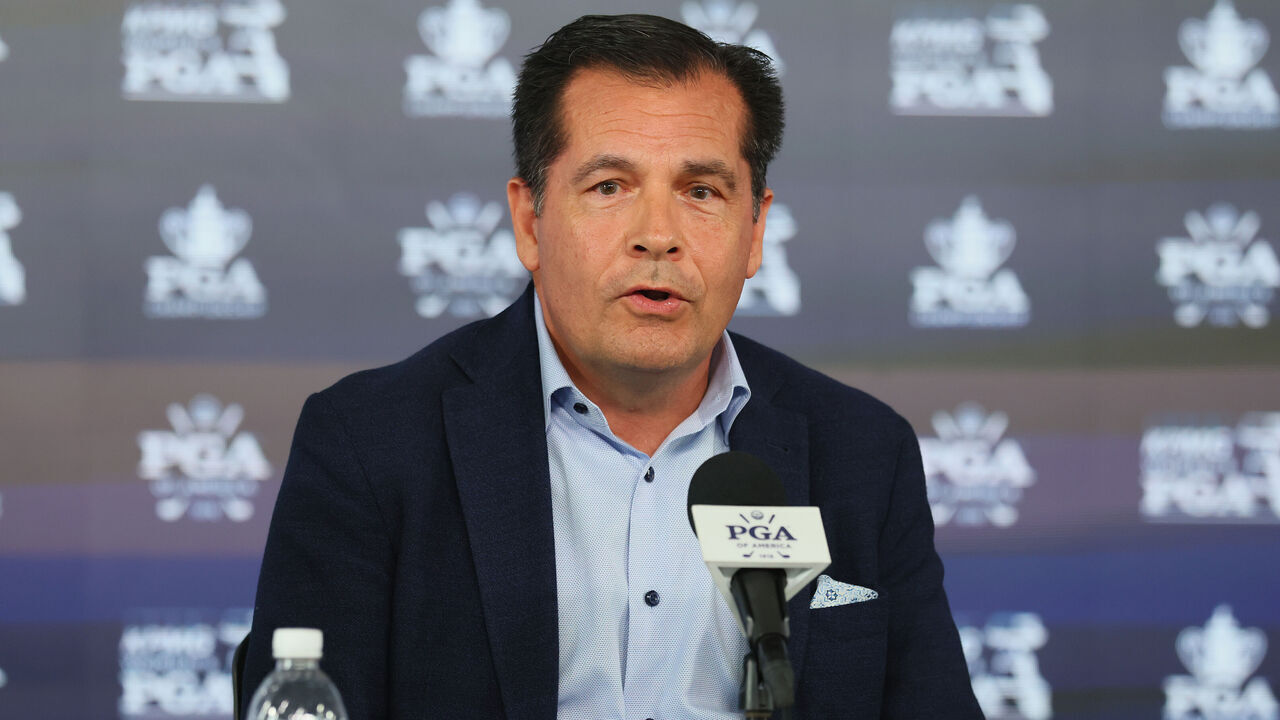 FARMINGDALE, NEW YORK - SEPTEMBER 17: (l-r) Derek Sprague, PGA of America CEO attends a press conference beside the Black Course at Bethpage State Park Golf Course on September 17, 2025 in Farmingdale, New York. The 2028 KPMG Women's PGA and 2033 PGA Championship tournaments will be played on the course.