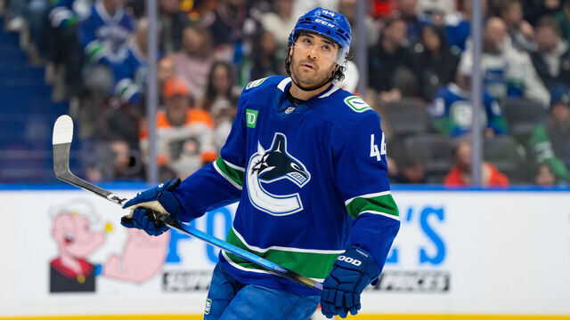 VANCOUVER, CANADA - DECEMBER 30: Kiefer Sherwood #44 of the Vancouver Canucks looks on during the third period of their NHL game against the Philadelphia Flyers at Rogers Arena on December 30, 2025 in Vancouver, Canada.