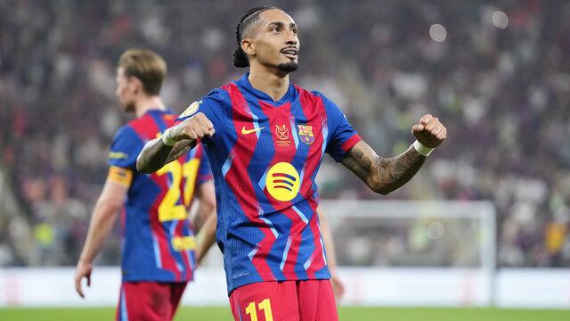 Raphinha right winger of Barcelona and Brazil celebrates after scoring his sides first goal during the Spanish Super Cup semi-final match between FC Barcelona and Athletic Club at King Abdullah Sports City Hall Stadium on January 7, 2026 in Jeddah, Saudi Arabia.