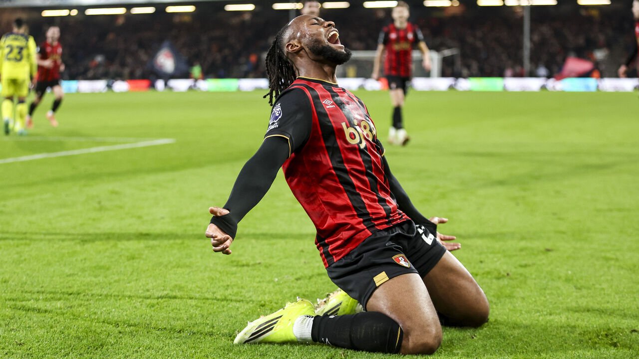BOURNEMOUTH, ENGLAND - JANUARY 07: Antoine Semenyo of Bournemouth celebrates after he scores a goal to make it 3-2 during the Premier League match between Bournemouth and Tottenham Hotspur at Vitality Stadium on January 07, 2026 in Bournemouth, England.