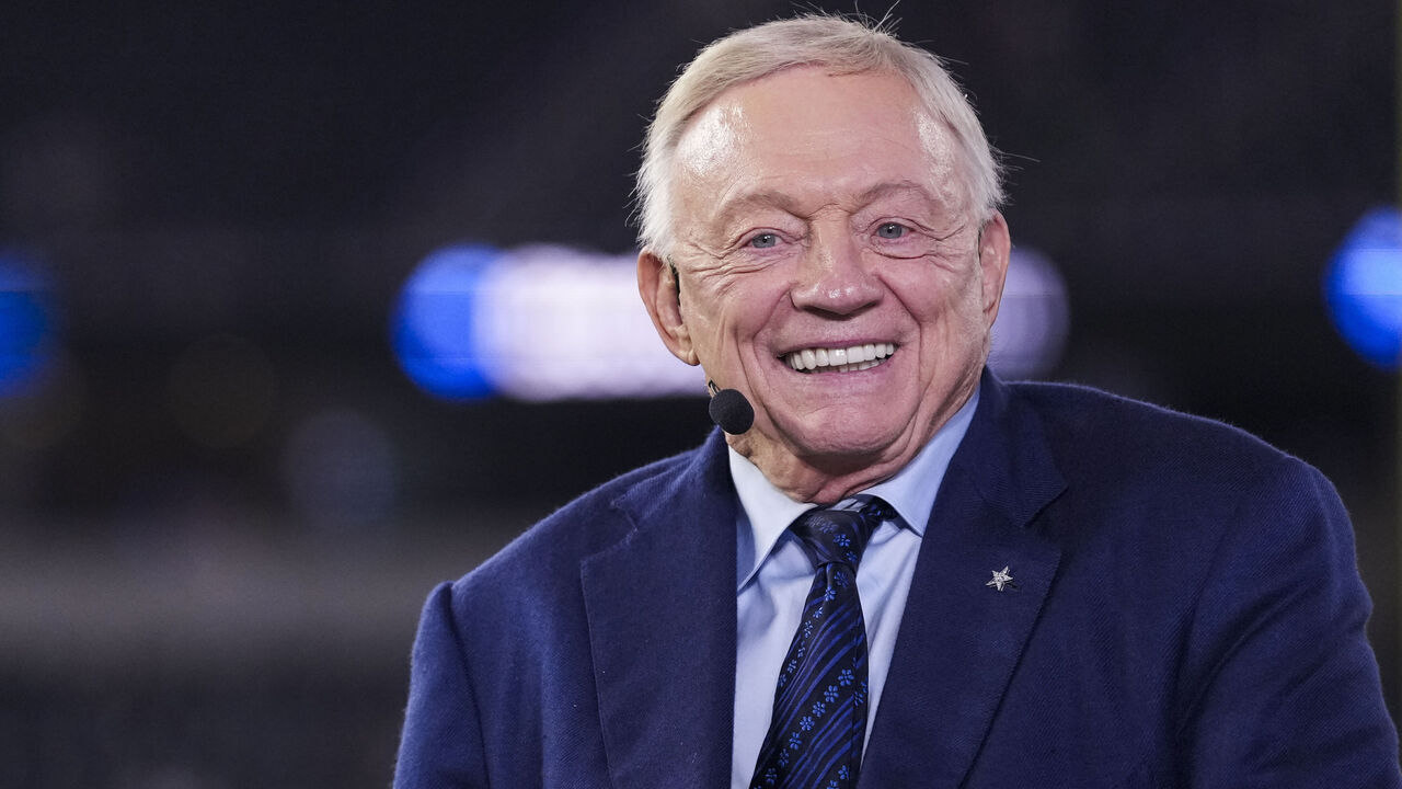 ARLINGTON, TEXAS - NOVEMBER 03: Dallas Cowboys owner Jerry Jones looks on from the broadcast set prior to an NFL football game between the Arizona Cardinals and the Dallas Cowboys at AT&T Stadium on November 3, 2025 in Arlington, Texas.