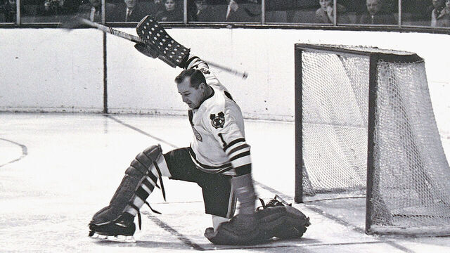 NEW YORK, NEW YORK - CIRCA 1970: Glenn Hall #1 of the Chicago Blackhawks skates in NHL action circa 1970 in New York, New York.