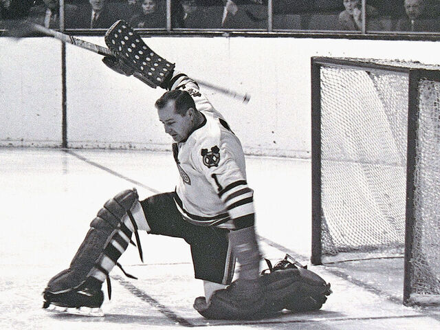 NEW YORK, NEW YORK - CIRCA 1970: Glenn Hall #1 of the Chicago Blackhawks skates in NHL action circa 1970 in New York, New York.