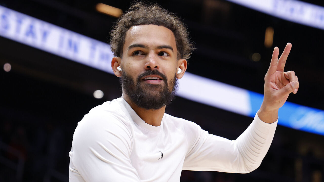 ATLANTA, GEORGIA - JANUARY 7: Trae Young #11 of the Atlanta Hawks gestures prior to a game against the New Orleans Pelicans at State Farm Arena on January 7, 2026 in Atlanta, Georgia.