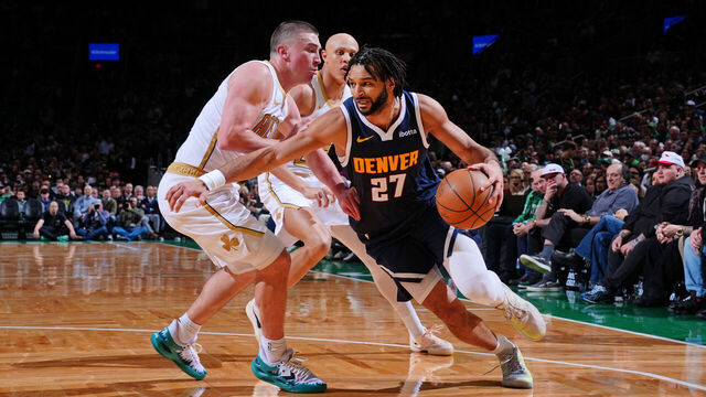 BOSTON, MA - JANUARY 7: Jamal Murray #27 of the Denver Nuggets drives to the basket during the game against the Boston Celtics on January 7, 2026 at TD Garden in Boston, Massachusetts. NOTE TO USER: User expressly acknowledges and agrees that, by downloading and/or using this Photograph, user is consenting to the terms and conditions of the Getty Images License Agreement. Mandatory Copyright Notice: Copyright 2026 NBAE