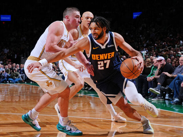 BOSTON, MA - JANUARY 7: Jamal Murray #27 of the Denver Nuggets drives to the basket during the game against the Boston Celtics on January 7, 2026 at TD Garden in Boston, Massachusetts. NOTE TO USER: User expressly acknowledges and agrees that, by downloading and/or using this Photograph, user is consenting to the terms and conditions of the Getty Images License Agreement. Mandatory Copyright Notice: Copyright 2026 NBAE