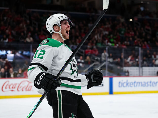 WASHINGTON, DC - JANUARY 07: Radek Faksa #12 of the Dallas Stars celebrates scoring a goal against the Washington Capitals during the first period at Capital One Arena on January 7, 2026 in Washington, DC.