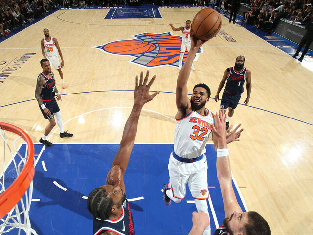 NEW YORK, NY - JANUARY 7: Karl-Anthony Towns #32 of the New York Knicks shoots the ball during the game against the LA Clippers on January 7, 2026 at Madison Square Garden in New York City, New York. Mandatory Copyright Notice: Copyright 2026 NBAE