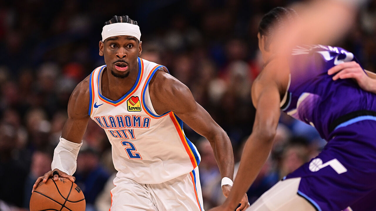 OKLAHOMA CITY, OKLAHOMA - JANUARY 7: Shai Gilgeous-Alexander #2 of the Oklahoma City Thunder handles the ball during the second half against the Utah Jazz at Paycom Center on January 7, 2026 in Oklahoma City, Oklahoma.
