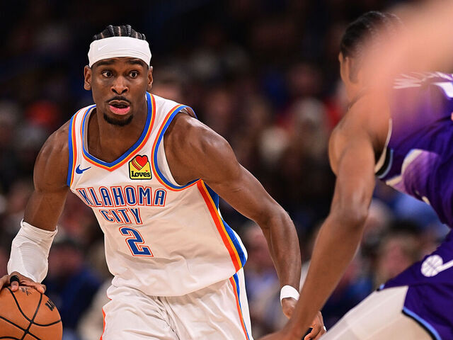 OKLAHOMA CITY, OKLAHOMA - JANUARY 7: Shai Gilgeous-Alexander #2 of the Oklahoma City Thunder handles the ball during the second half against the Utah Jazz at Paycom Center on January 7, 2026 in Oklahoma City, Oklahoma.