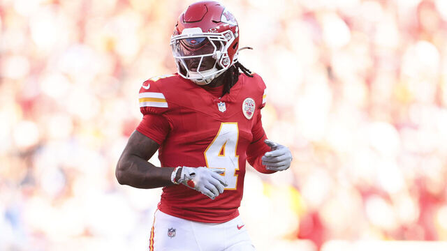 KANSAS CITY, MISSOURI - NOVEMBER 23: Rashee Rice #4 of the Kansas City Chiefs lines up before the snap during the fourth quarter against the Indianapolis Colts at Arrowhead Stadium on November 23, 2025 in Kansas City, Missouri.