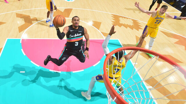 SAN ANTONIO, TX - JANUARY 7: Keldon Johnson #3 of the San Antonio Spurs drives to the basket during the game against the Los Angeles Lakers on January 7, 2026 at the Frost Bank Center in San Antonio, Texas. Mandatory Copyright Notice: Copyright 2026 NBAE (Photos by Michael Gonzales/NBAE via Getty Images)