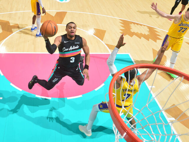 SAN ANTONIO, TX - JANUARY 7: Keldon Johnson #3 of the San Antonio Spurs drives to the basket during the game against the Los Angeles Lakers on January 7, 2026 at the Frost Bank Center in San Antonio, Texas. Mandatory Copyright Notice: Copyright 2026 NBAE (Photos by Michael Gonzales/NBAE via Getty Images)