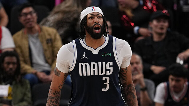 INGLEWOOD, CALIFORNIA - APRIL 05: Anthony Davis #3 of the Dallas Mavericks reacts during the second half of a game against the LA Clippers at Intuit Dome on April 05, 2025 in Inglewood, California.
