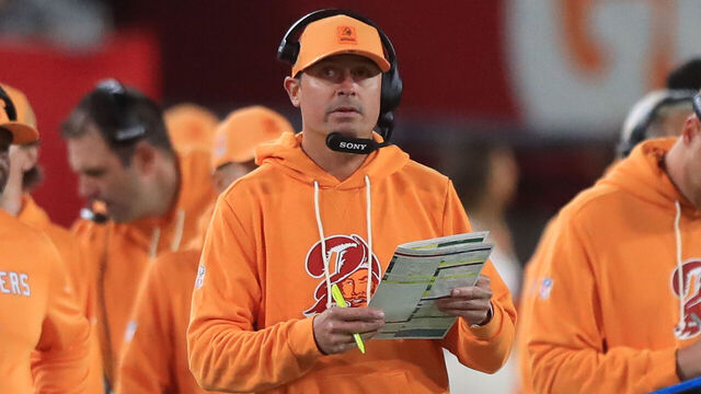 TAMPA, FL - DECEMBER 11: Tampa Bay Buccaneers Offensive Coordinator Josh Grizzard looks out towards the field during the Regular Season game between the Atlanta Falcons and the Tampa Bay Buccaneers on December 11, 2025 at Raymond James Stadium in Tampa, Florida.