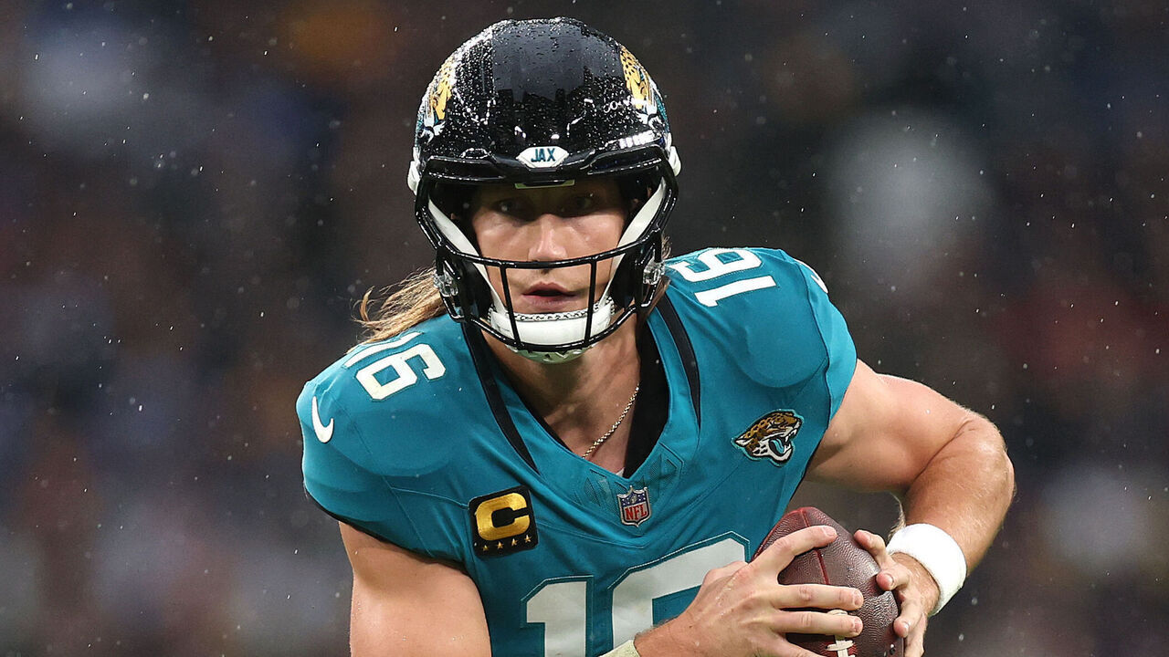 LONDON, ENGLAND - OCTOBER 19: Trevor Lawrence of The Jaguars during the NFL 2025 game between Los Angeles Rams and Jacksonville Jaguars at Wembley Stadium on October 19, 2025 in London, England.""