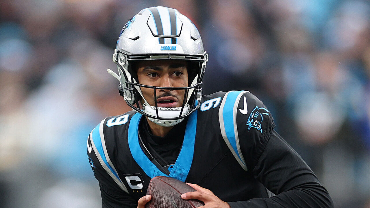 CHARLOTTE, NORTH CAROLINA - NOVEMBER 30: Bryce Young #9 of the Carolina Panthers looks to pass the ball against against the Los Angeles Rams during the second quarter at Bank of America Stadium on November 30, 2025 in Charlotte, North Carolina.