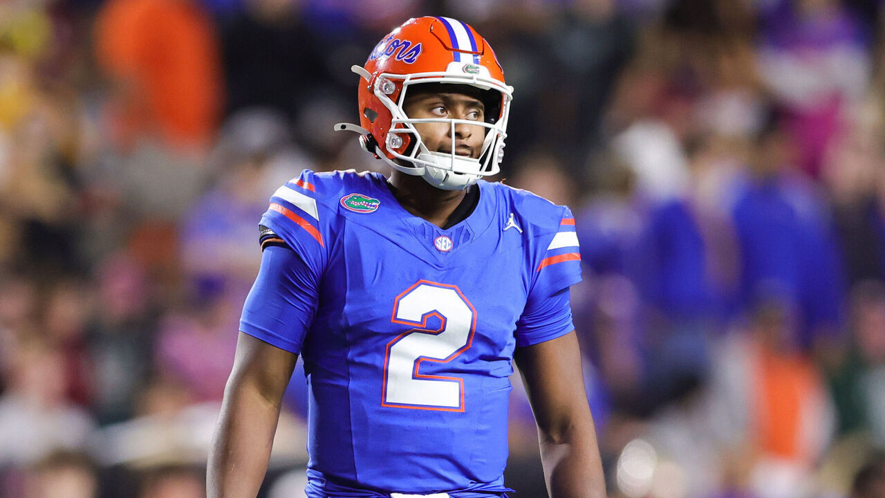 GAINESVILLE, FLORIDA - NOVEMBER 29: DJ Lagway #2 of the Florida Gators looks on against the Florida State Seminoles during the second half of the game at Ben Hill Griffin Stadium on November 29, 2025 in Gainesville, Florida.