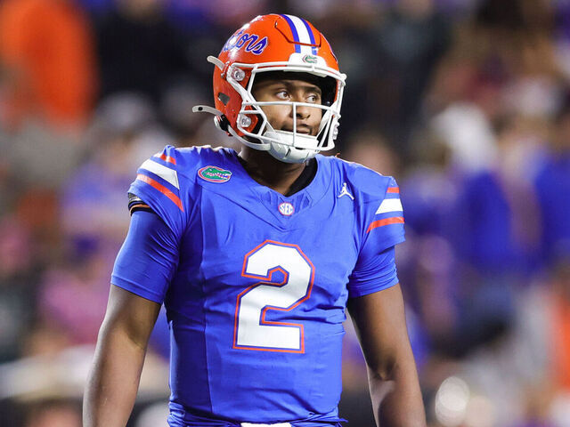 GAINESVILLE, FLORIDA - NOVEMBER 29: DJ Lagway #2 of the Florida Gators looks on against the Florida State Seminoles during the second half of the game at Ben Hill Griffin Stadium on November 29, 2025 in Gainesville, Florida.
