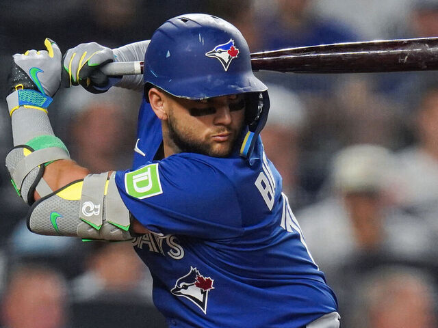 NEW YORK, NY - SEPTEMBER 05: Bo Bichette #11 of the Toronto Blue Jays bats during the game between the Toronto Blue Jays and the New York Yankees at Yankee Stadium on Friday, September 5, 2025 in New York, New York.