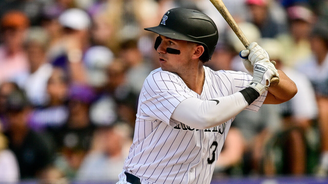 DENVER, CO - SEPTEMBER 29: Colorado Rockies catcher Drew Romo (3) bats in the fifth inning during a game between the Los Angeles Dodgers and the Colorado Rockies at Coors Field on September 29, 2024 in Denver, Colorado.