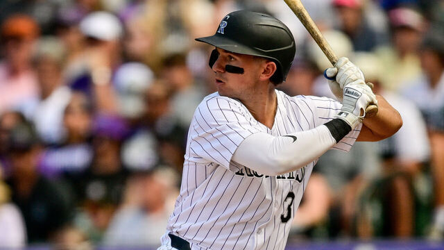 DENVER, CO - SEPTEMBER 29: Colorado Rockies catcher Drew Romo (3) bats in the fifth inning during a game between the Los Angeles Dodgers and the Colorado Rockies at Coors Field on September 29, 2024 in Denver, Colorado.